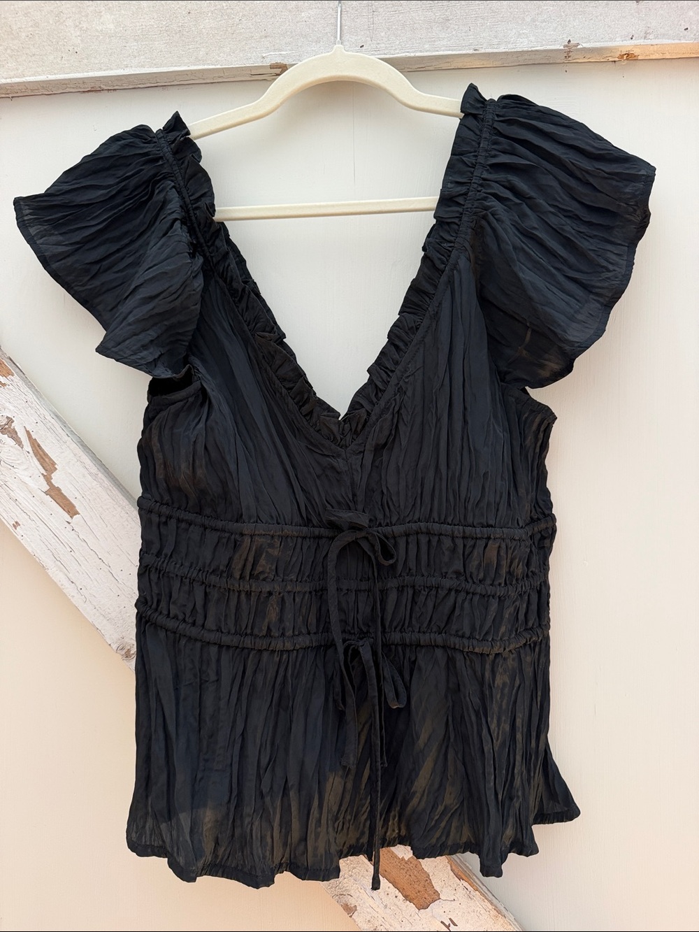 J. Crew Elegant Black Ruffled V-Neck Flutter Sleeve Top